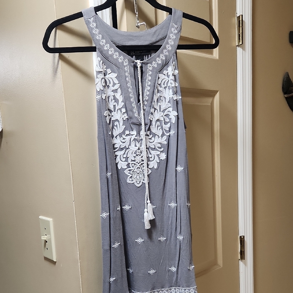 INC International Concepts Gray Split neckline with Tie Front Embellished Blouse